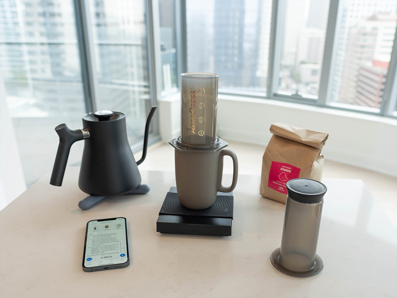 Photo of an AeroPress coffee brewing setup